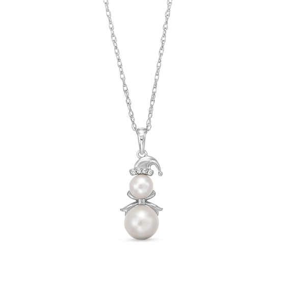 Button Freshwater Cultured Pearl and White Lab-Created Sapphire Snowman Pendant in Sterling Silver