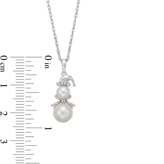 Button Freshwater Cultured Pearl and White Lab-Created Sapphire Snowman Pendant in Sterling Silver