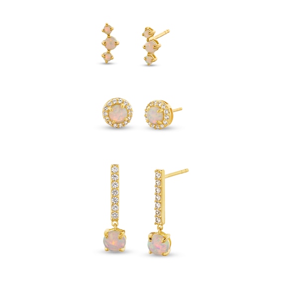 Lab-Created Opal and White Lab-Created Sapphire Three Pair Earrings Set in Sterling Silver with 14K Gold Plate