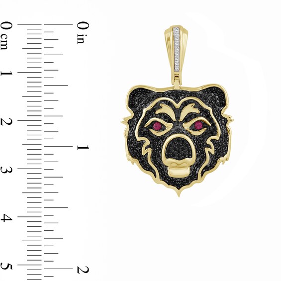 1/2 CT. T.w. Black and White Diamond with Lab-Created Ruby Bear Head Necklace Charm in 10K Gold