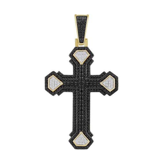 1 CT. T.w. Black and White Diamond Multi-Row Cross Necklace Charm in 10K Gold