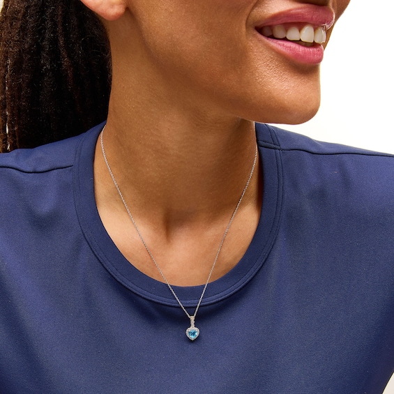 6.0mm Heart-Shaped Swiss Blue Topaz and White Lab-Created Sapphire Frame Drop Pendant in Sterling Silver