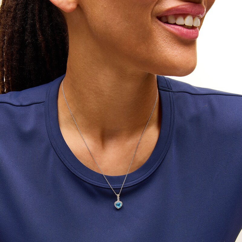 Main Image 2 of 6.0mm Heart-Shaped Swiss Blue Topaz and White Lab-Created Sapphire Frame Drop Pendant in Sterling Silver