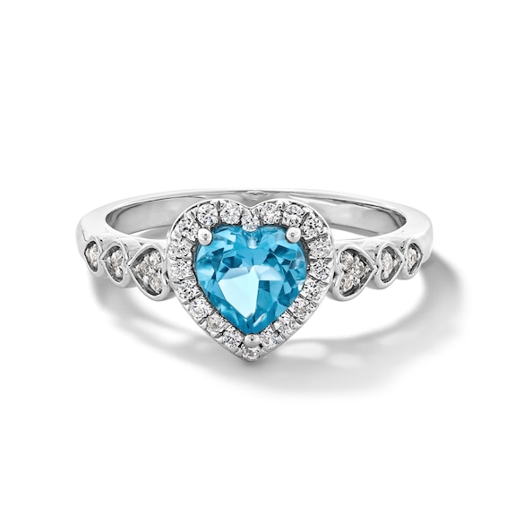 6.0mm Heart-Shaped Swiss Blue Topaz and White Lab-Created Sapphire Frame Ring in Sterling Silver