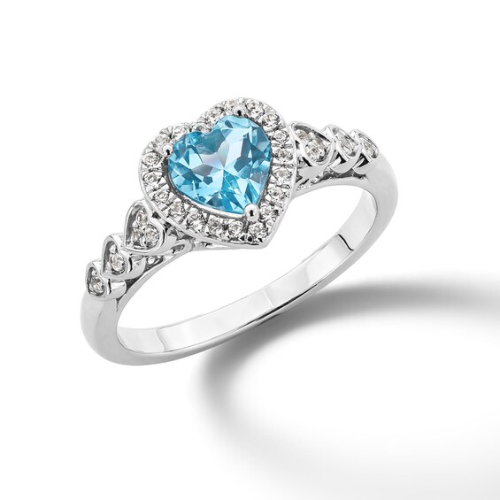 6.0mm Heart-Shaped Swiss Blue Topaz and White Lab-Created Sapphire Frame Ring in Sterling Silver