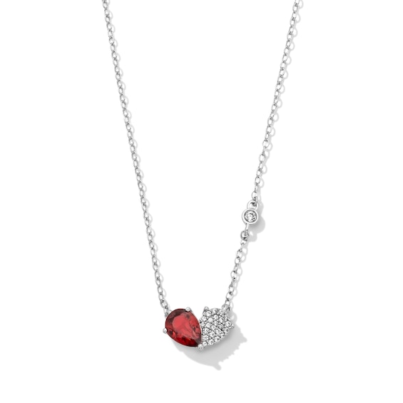 Pear-Shaped Garnet and 1/10 CT. T.w. Multi-Diamond Toi et Moi Heart Necklace in Sterling Silver