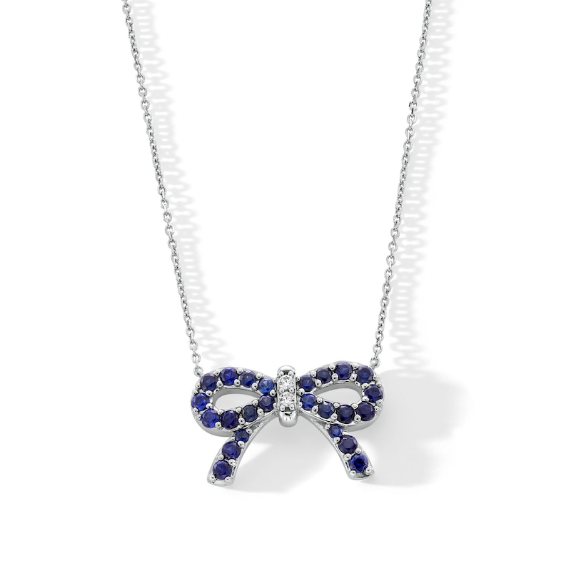 Main Image 1 of Blue Lab-Created Sapphire and Diamond Accent Bow Necklace in Sterling Silver