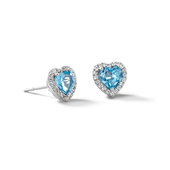 5.0mm Heart-Shaped Swiss Blue Topaz and White Lab-Created Sapphire Frame Stud Earrings in Sterling Silver