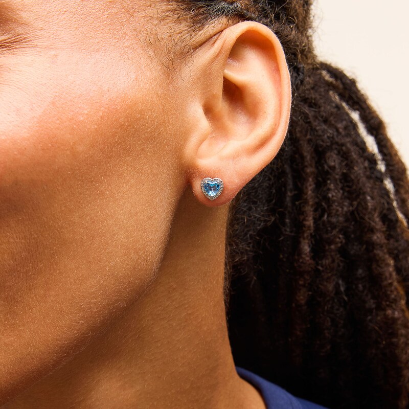 Main Image 2 of 5.0mm Heart-Shaped Swiss Blue Topaz and White Lab-Created Sapphire Frame Stud Earrings in Sterling Silver