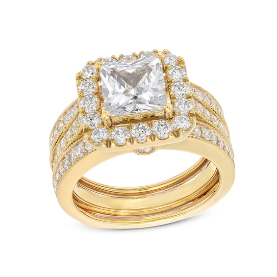 3-3/8 CT. T.w. Princess-Cut Certified Lab-Grown Diamond Cushion-Shaped Frame Bridal Set in 14K Gold (F/Vs2)