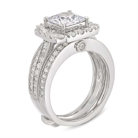 3-3/8 CT. T.w. Princess-Cut Certified Lab-Grown Diamond Cushion-Shaped Frame Bridal Set in 14K White Gold (F/Vs2)