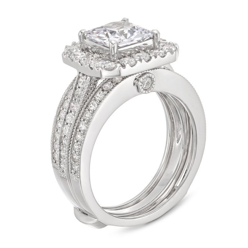 Main Image 3 of 3-3/8 CT. T.W. Princess-Cut Certified Lab-Grown Diamond Cushion-Shaped Frame Bridal Set in 14K White Gold (F/VS2)