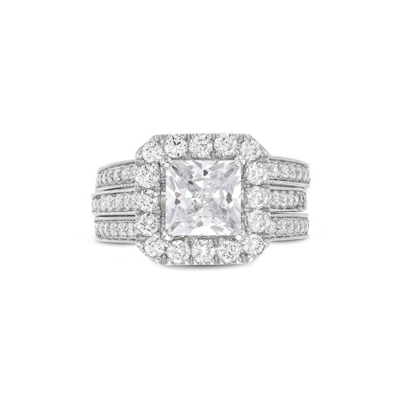 3-3/8 CT. T.w. Princess-Cut Certified Lab-Grown Diamond Cushion-Shaped Frame Bridal Set in 14K White Gold (F/Vs2)