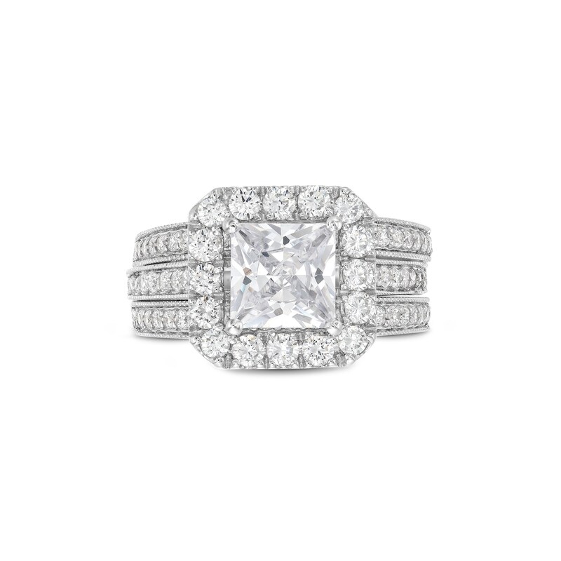 Main Image 4 of 3-3/8 CT. T.W. Princess-Cut Certified Lab-Grown Diamond Cushion-Shaped Frame Bridal Set in 14K White Gold (F/VS2)