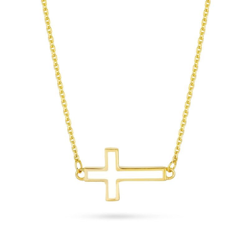 Main Image 1 of White Enamel Sideways Cross Necklace in 14K Gold