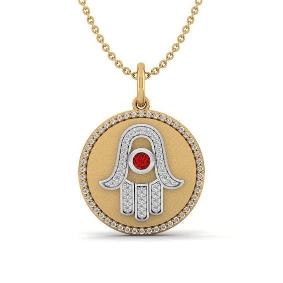 Lab-Created Ruby and White Lab-Created Sapphire Frame Hamsa Medallion Pendant in Sterling Silver with 10K Gold Plate
