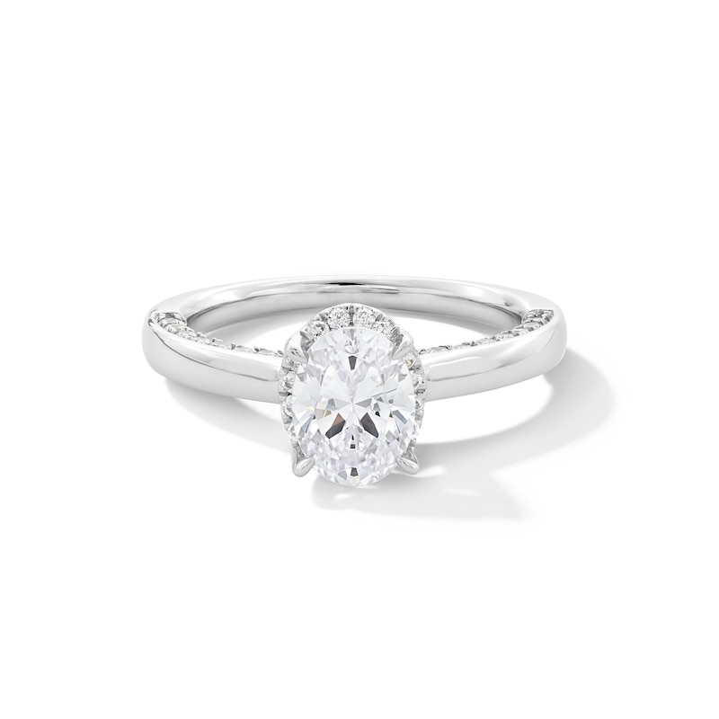 Main Image 1 of 1-1/2 CT. T.W. Oval Certified Lab-Grown Diamond Frame Engagement Ring in 14K White Gold (F/VS2)