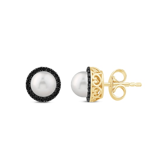 Zales x Christian Sirianoâ¢ Freshwater Cultured Pearl and Black Diamond Stud Earrings in Sterling Silver with Gold Plate
