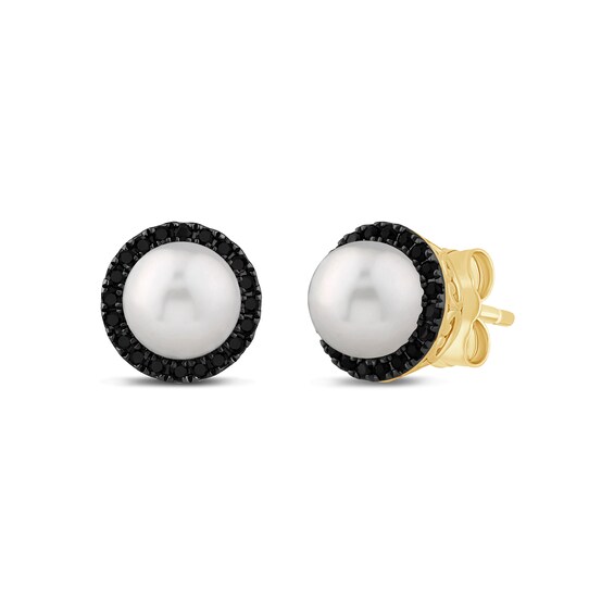 Zales x Christian Sirianoâ¢ Freshwater Cultured Pearl and Black Diamond Stud Earrings in Sterling Silver with Gold Plate