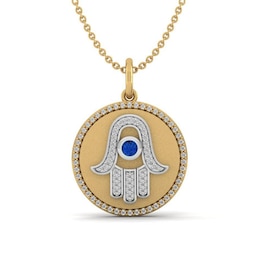 Blue and White Lab-Created Sapphire Frame Hamsa Medallion Pendant in Sterling Silver with 10K Gold Plate