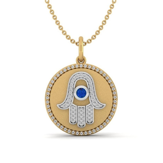 Blue and White Lab-Created Sapphire Frame Hamsa Medallion Pendant in Sterling Silver with 10K Gold Plate