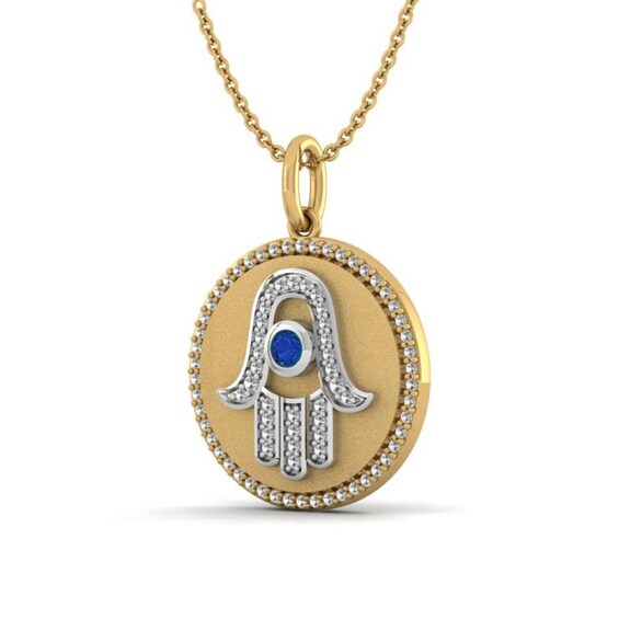 Blue and White Lab-Created Sapphire Frame Hamsa Medallion Pendant in Sterling Silver with 10K Gold Plate