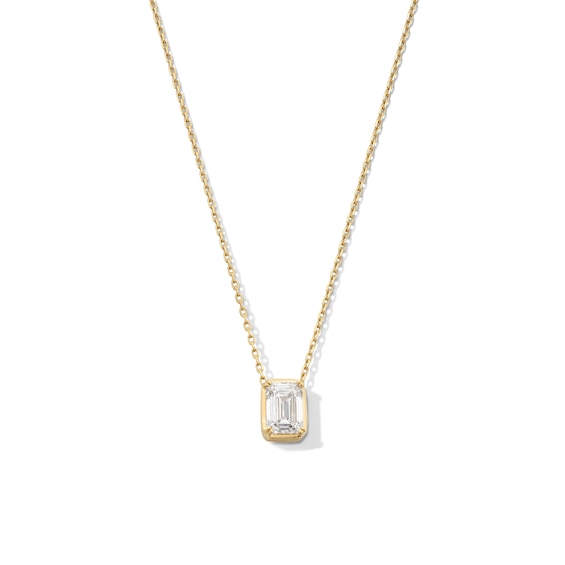 1 CT. Emerald-Cut Certified Lab-Grown Diamond Frame Solitaire Necklace in 14K Gold (F/Si2) - 19"