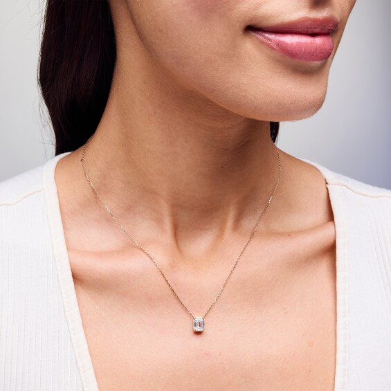 1 CT. Emerald-Cut Certified Lab-Grown Diamond Frame Solitaire Necklace in 14K Gold (F/Si2) - 19"