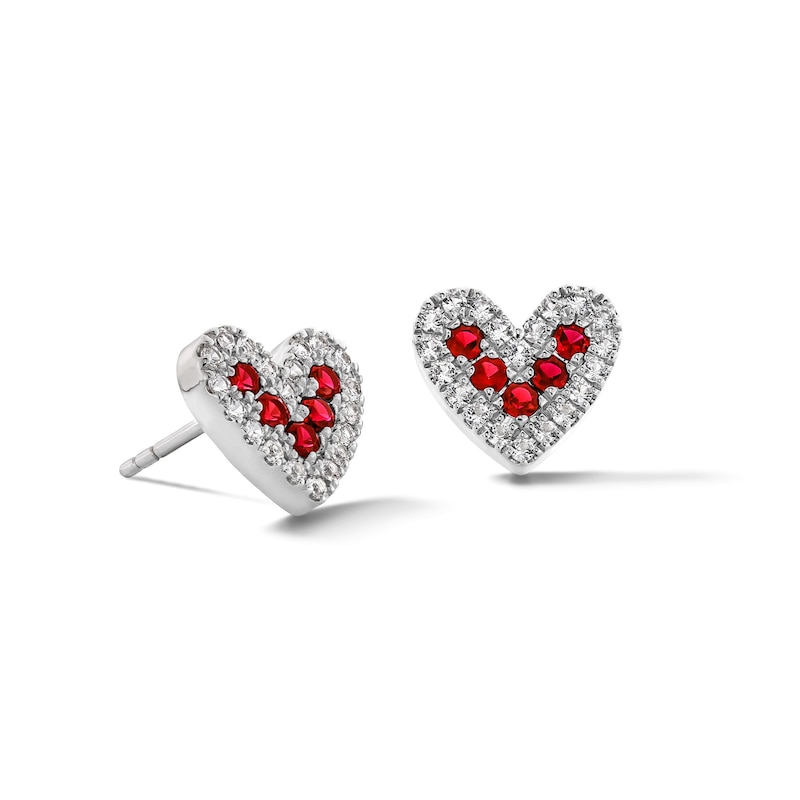 Main Image 1 of Lab-Created Ruby and White Lab-Created Sapphire Heart Stud Earrings in Sterling Silver