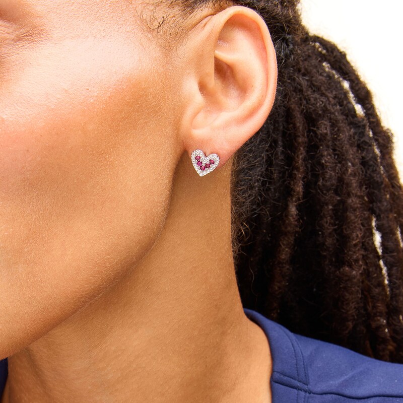 Main Image 2 of Lab-Created Ruby and White Lab-Created Sapphire Heart Stud Earrings in Sterling Silver