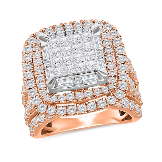 4 CT. T.w. Princess-Cut Multi-Diamond Double Cushion Frame Multi-Row Engagement Ring in 10K Rose Gold