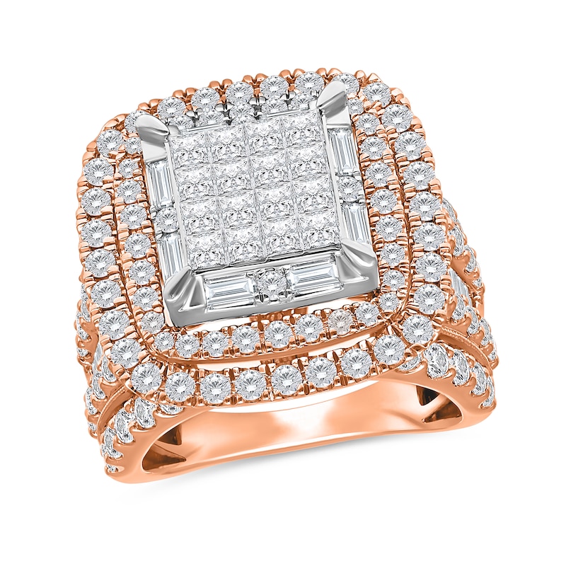 Main Image 1 of 4 CT. T.W. Princess-Cut Multi-Diamond Double Cushion Frame Multi-Row Engagement Ring in 10K Rose Gold