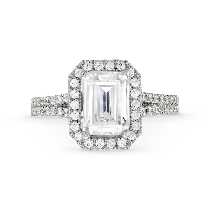 Main Image 4 of 3-1/2 CT. T.W. Emerald-Cut Certified Lab-Grown Diamond Frame Double Row Engagement Ring in 14K White Gold (F/SI2)