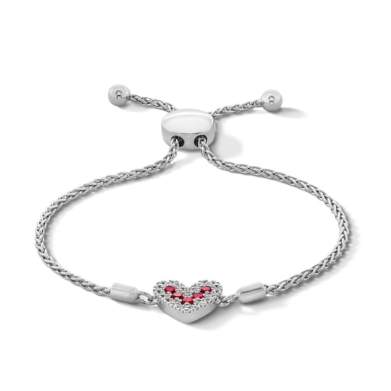 Lab-Created Ruby and White Lab-Created Sapphire Heart Bolo Bracelet in Sterling Silver - 9.5"