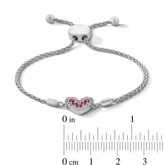 Lab-Created Ruby and White Lab-Created Sapphire Heart Bolo Bracelet in Sterling Silver - 9.5"