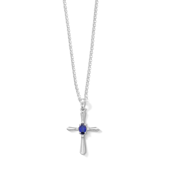 Oval Blue Lab-Created Sapphire and Diamond Accent Cross Pendant in Sterling Silver