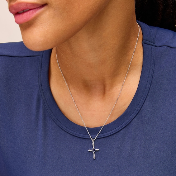 Oval Blue Lab-Created Sapphire and Diamond Accent Cross Pendant in Sterling Silver