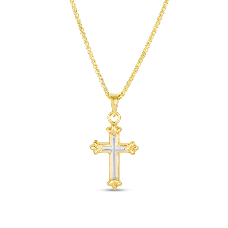 Main Image 1 of Fleur-de-Lis Cross Pendant in 14K Two-Tone Gold