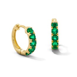 Lab-Created Emerald Five Stone Huggie Hoop Earrings in Sterling Silver with 14K Gold Plate
