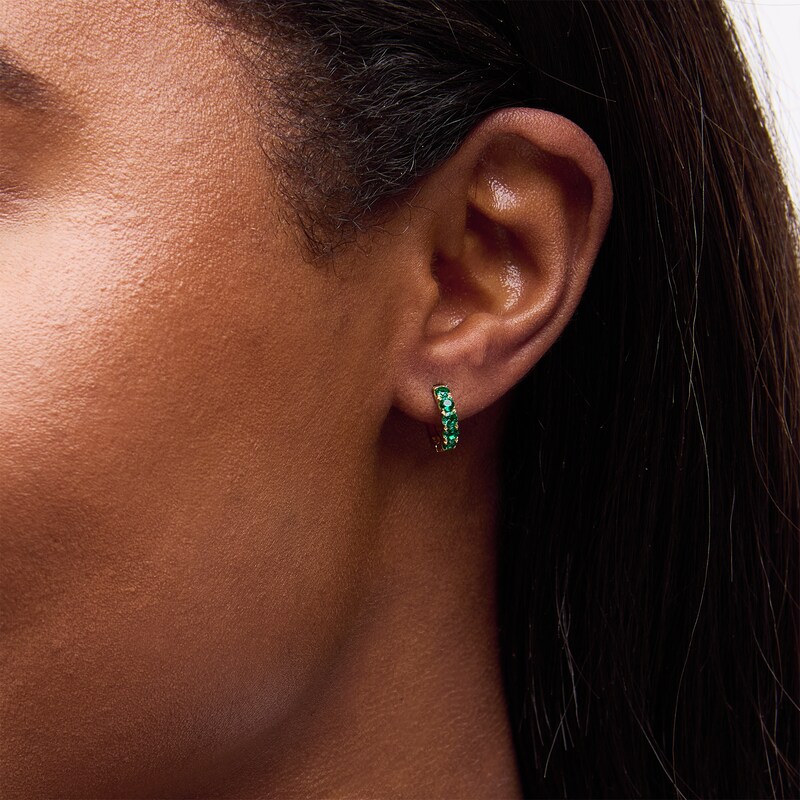 Main Image 2 of Lab-Created Emerald Five Stone Huggie Hoop Earrings in Sterling Silver with 14K Gold Plate