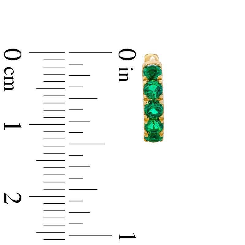 Main Image 3 of Lab-Created Emerald Five Stone Huggie Hoop Earrings in Sterling Silver with 14K Gold Plate