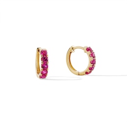 Lab-Created Ruby Five Stone Huggie Hoop Earrings in Sterling Silver with 14K Gold Plate