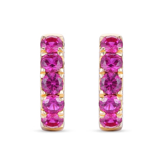 Lab-Created Ruby Five Stone Huggie Hoop Earrings in Sterling Silver with 14K Gold Plate
