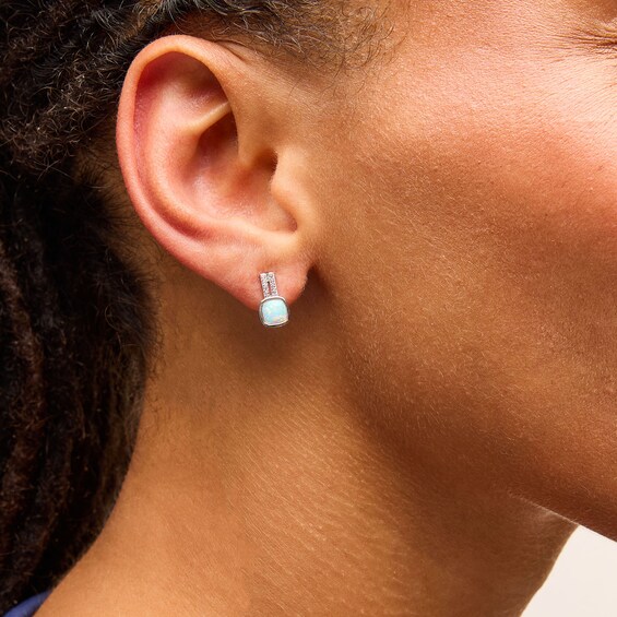 5.0mm Cushion-Shaped Lab-Created Opal and White Lab-Created Sapphire Split Drop Earrings in Sterling Silver