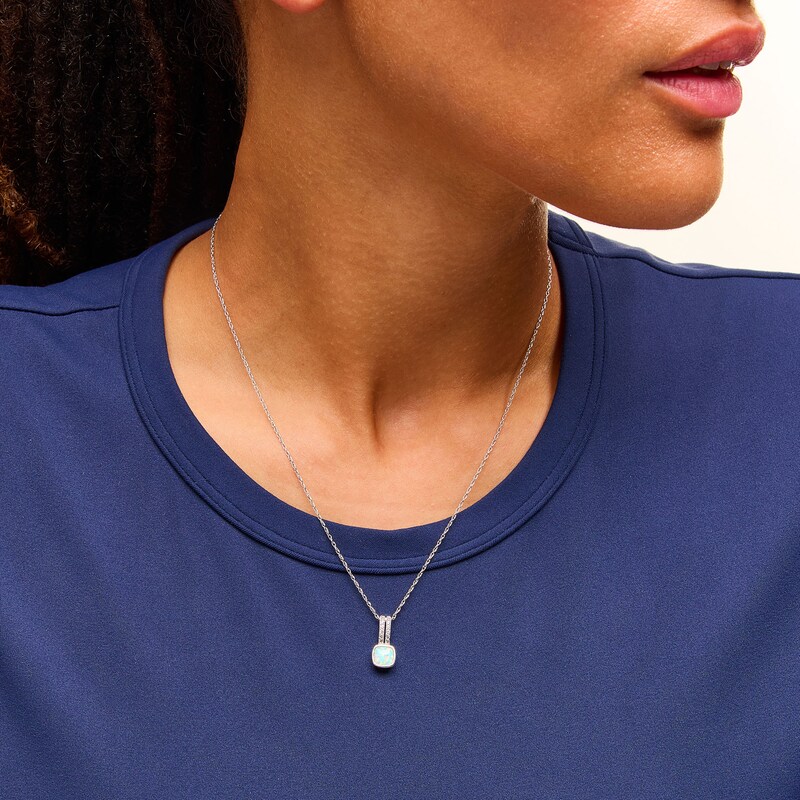 Main Image 2 of 6.0mm Cushion-Shaped Lab-Created Opal and White Lab-Created Sapphire Split Bail Drop Pendant in Sterling Silver