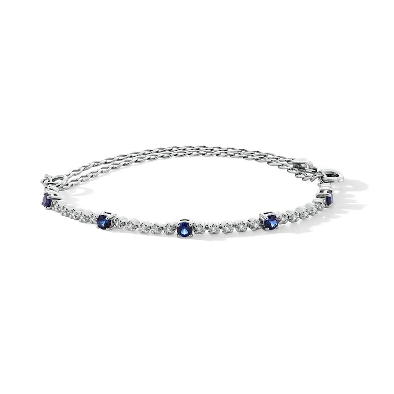 Main Image 1 of Blue Lab-Created Sapphire and 1/10 CT. T.W. Diamond Alternating Line Bracelet in Sterling Silver - 9.0"