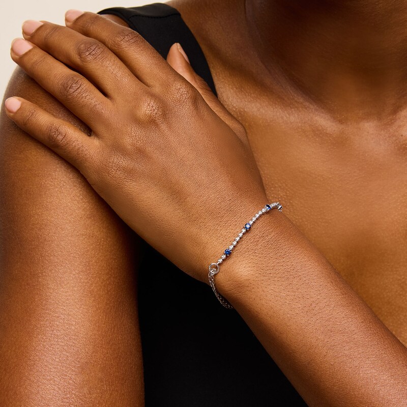 Main Image 2 of Blue Lab-Created Sapphire and 1/10 CT. T.W. Diamond Alternating Line Bracelet in Sterling Silver - 9.0"