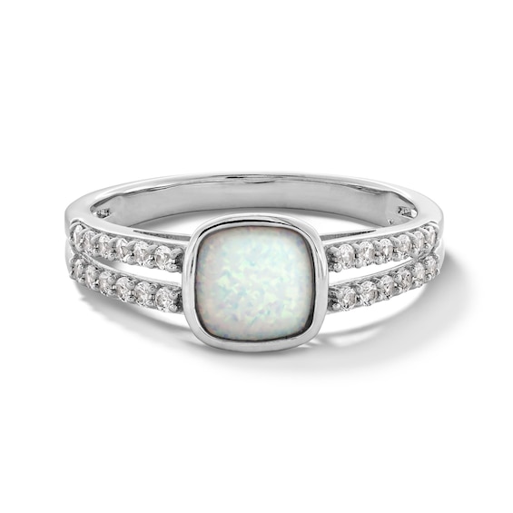 6.0mm Cushion-Shaped Lab-Created Opal and White Lab-Created Sapphire Split Shank Ring in Sterling Silver
