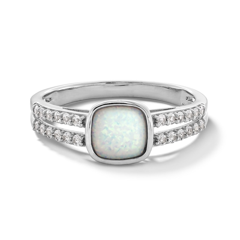 Main Image 1 of 6.0mm Cushion-Shaped Lab-Created Opal and White Lab-Created Sapphire Split Shank Ring in Sterling Silver