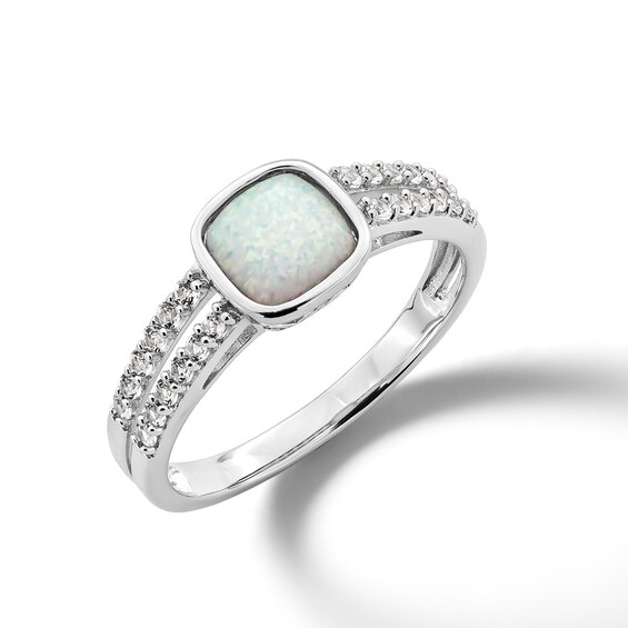 6.0mm Cushion-Shaped Lab-Created Opal and White Lab-Created Sapphire Split Shank Ring in Sterling Silver